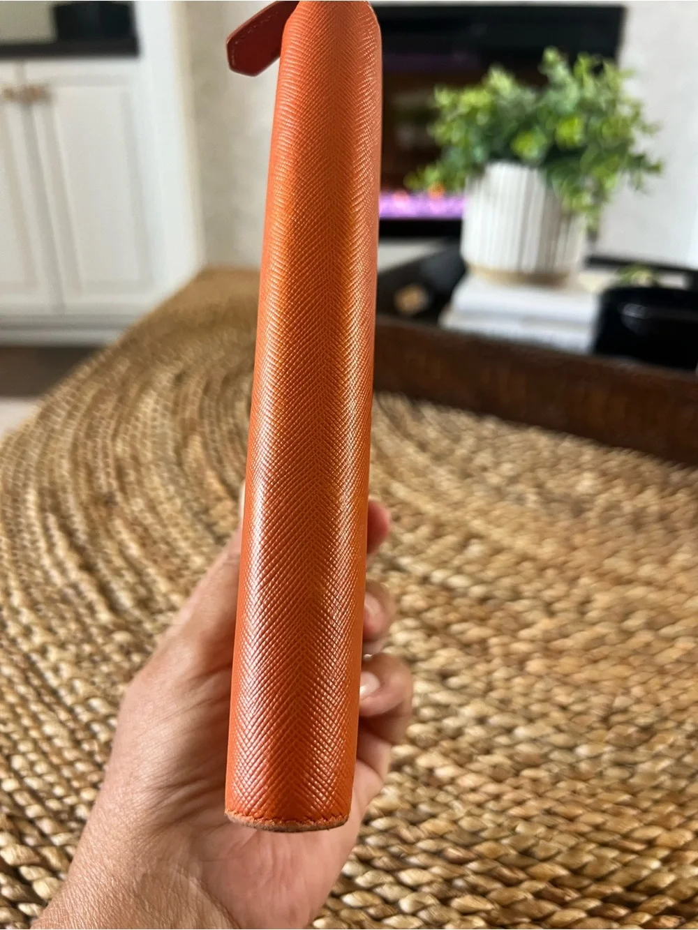 PRADA Orange Saffiano Leather Zip Around Continental Wallet